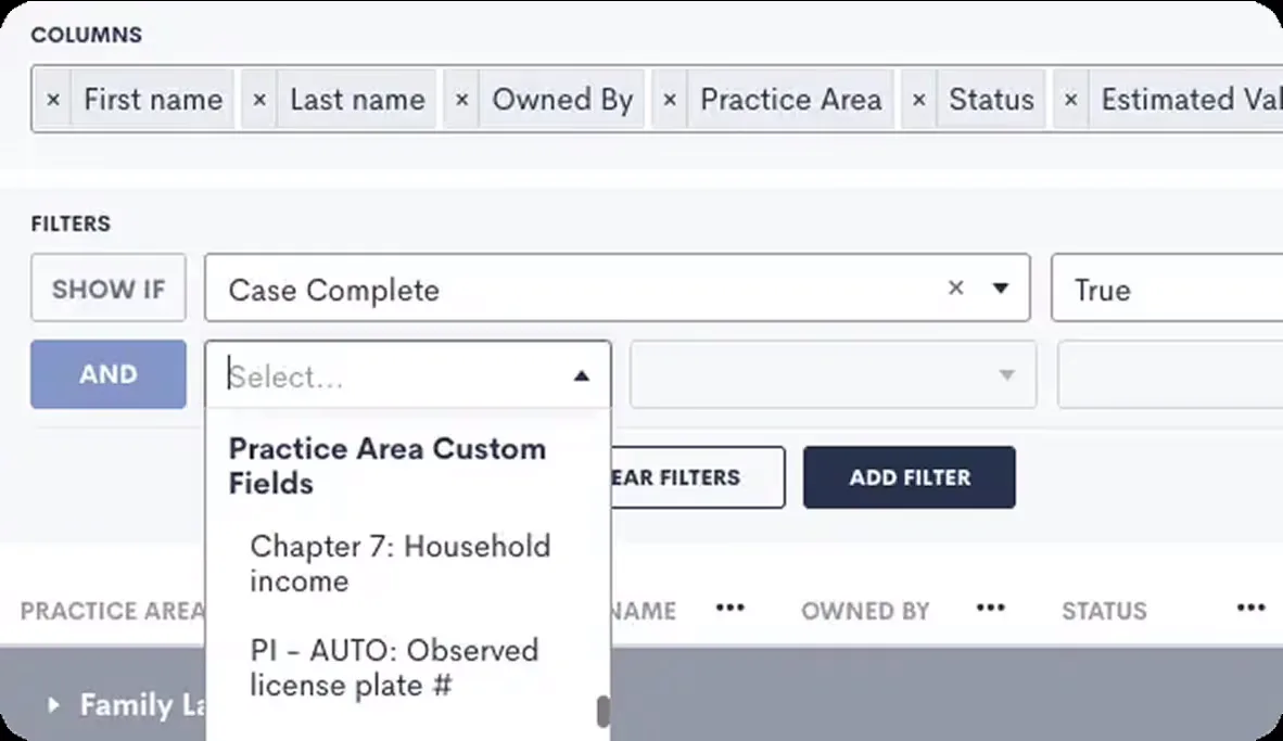 Executive practice area reporting dashboard for firm leadership