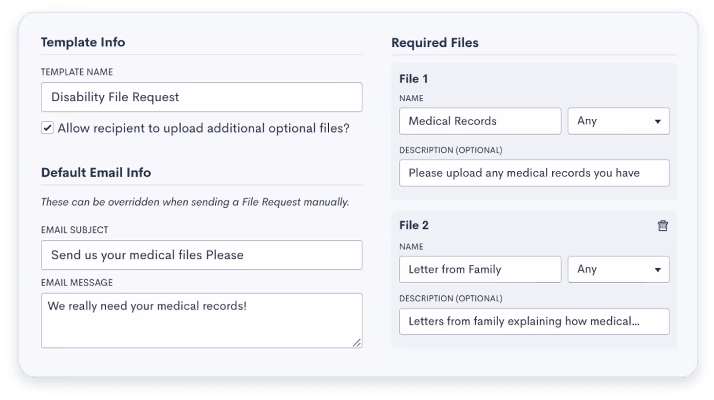 Secure file request workflow for family law documents