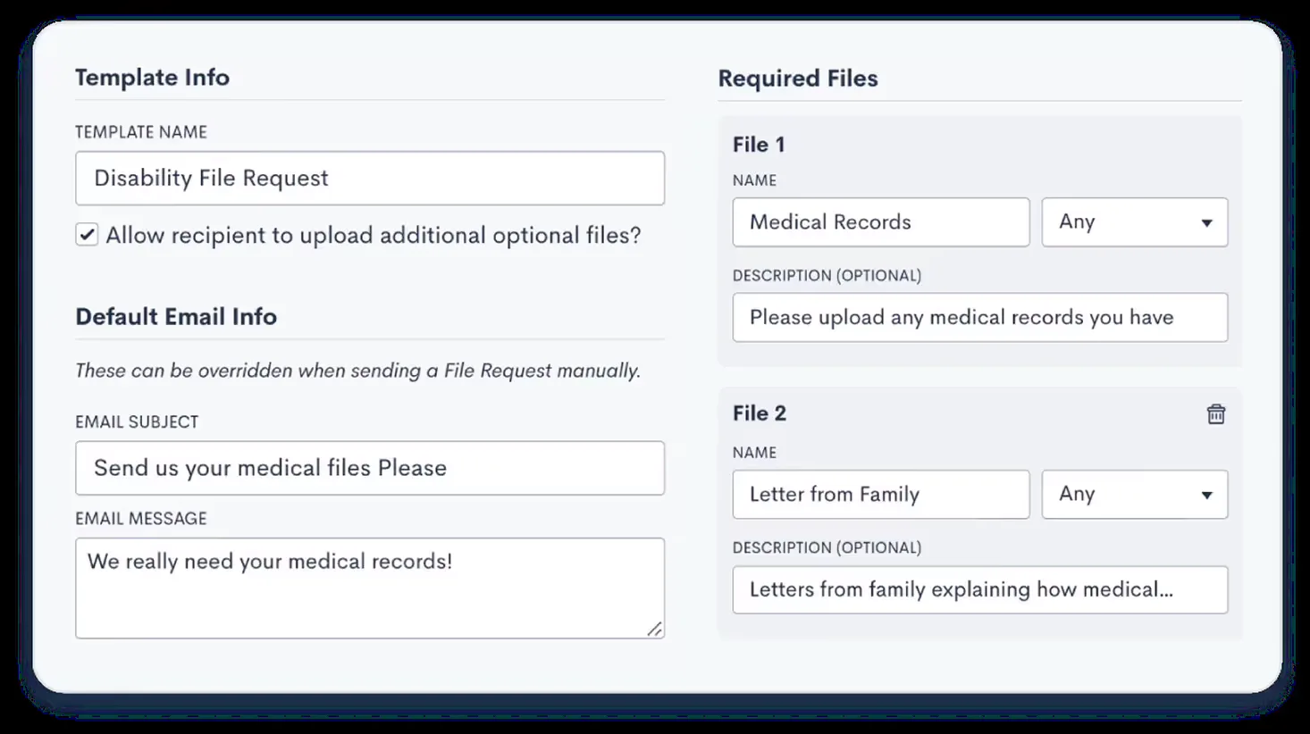Secure file request workflow for sensitive family law documents