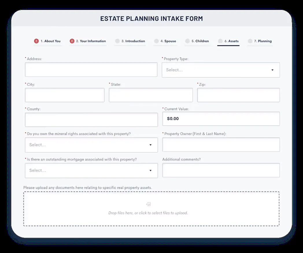 Estate planning intake form collecting asset and beneficiary details
