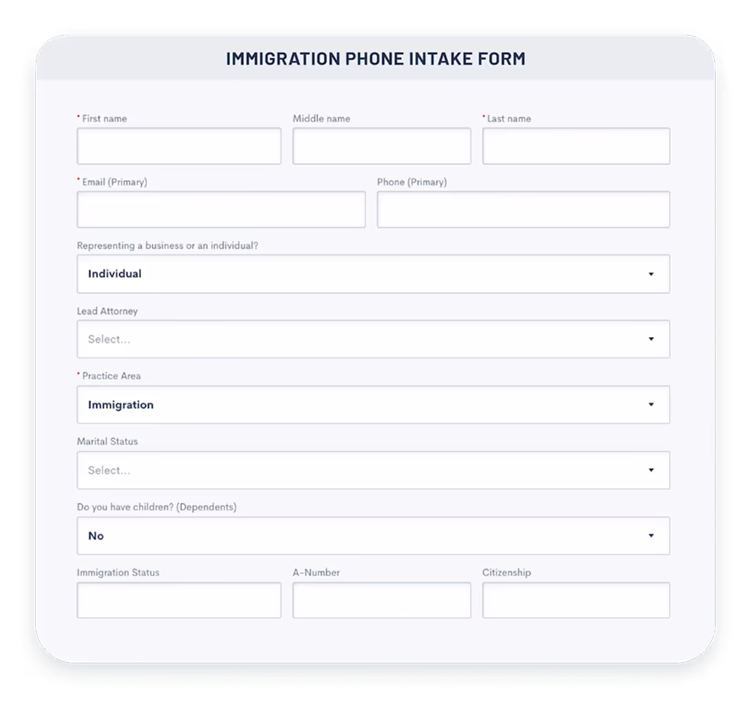 Immigration intake form capturing visa and eligibility details