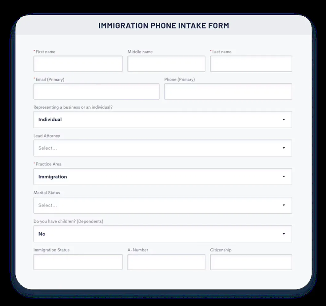 Immigration intake form capturing visa details and client eligibility