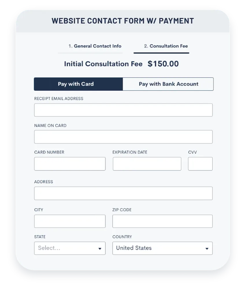 Landing page with contact form and payment integration