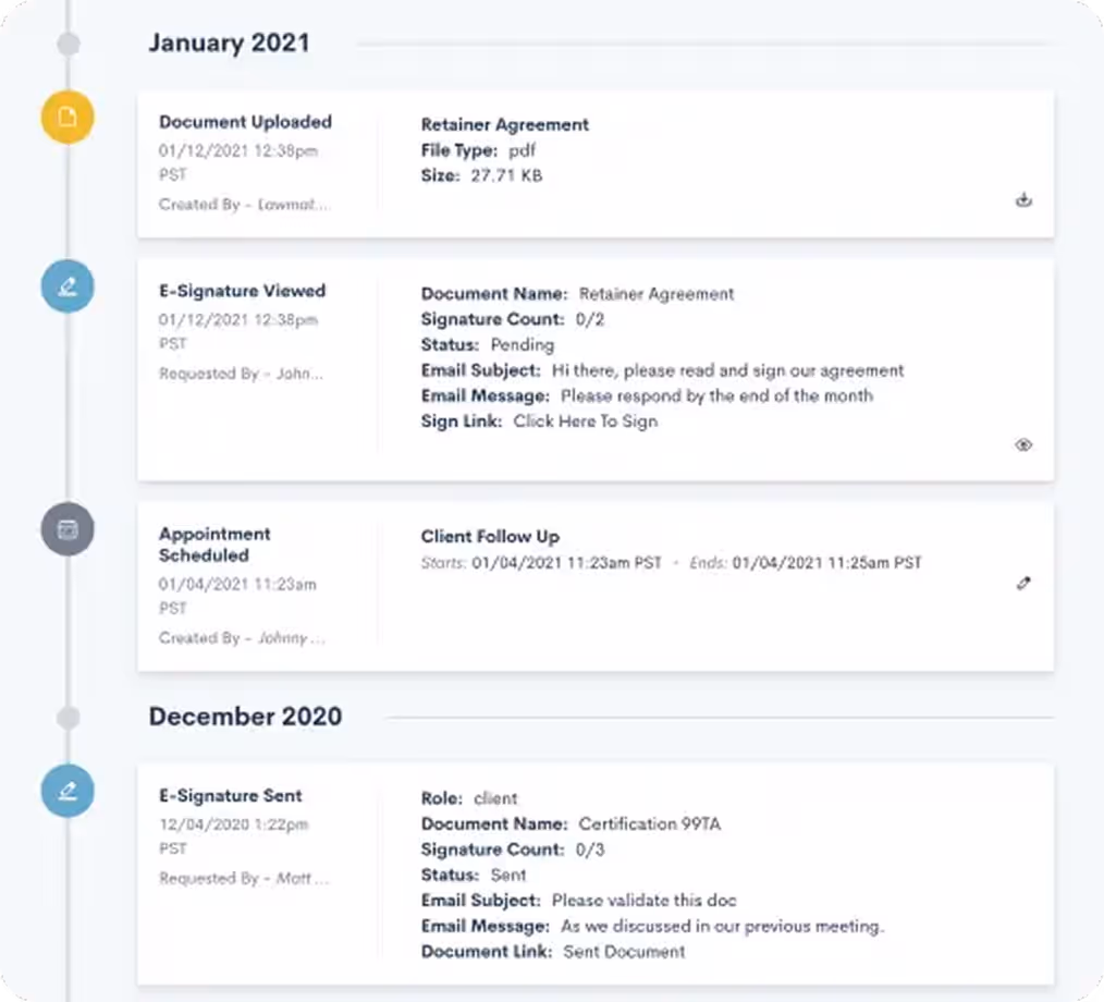 Matter timeline showing attorney tasks and deadlines
