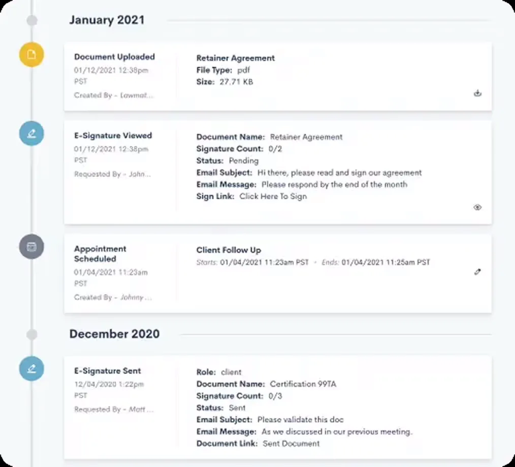 Matter timeline view showing attorney tasks and next actions