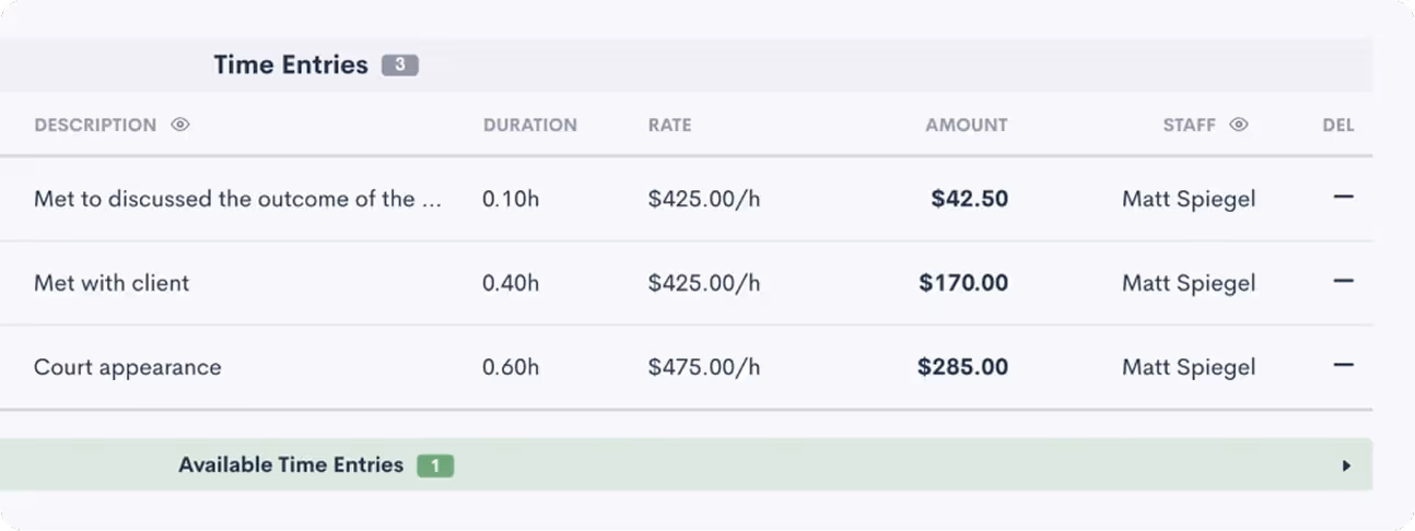 Time Tracking for Lawyers screenshot from the MHSB Lawmatics implementation